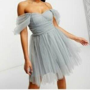 Lace & Beads exclusive wrapped tulle mini dress in gray